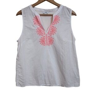 J Crew White Linen Blend Sleeveless V-Neck Top Sz 8 with Neon Coral Embroidery